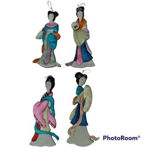 Vintage Chinese Silk Ladies Ornament Set Of 4